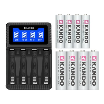 Kando 組合品 C4 USB 4槽充電器 3號AA/4號AAA鎳氫充電電池 液晶顯示 可單充 四槽充電器