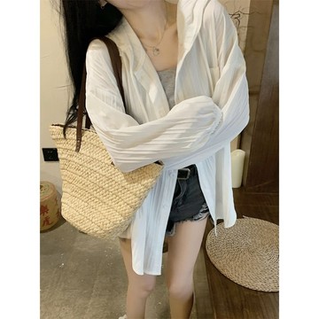 S-5XL 大尺碼遮陽外套 連帽開衫薄款外套女 設計感夏季遮陽襯衫 中長款 寬鬆百搭胖MM長袖遮陽衣