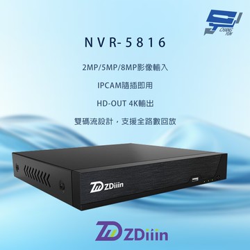 昌運監視器 ZDiiin NVR-5816 800萬畫素 16路 AI智能偵測 網路型錄影主機