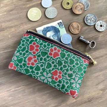 【肉球與櫻花】榻榻米邊飾 扁平迷你收納包 零錢包 卡片夾 日式風格 綠色 紅色 腳印 狗狗