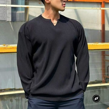 秋季肌理感V領長袖上衣男生寬鬆健身運動純cleanfit 百搭打底衫男生運動透氣長袖 男生春秋運動排汗T恤 男生訓練運動