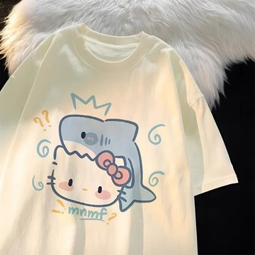 LUYU💗低價下殺💗甜酷Hello Kitty短袖T恤女夏季可愛鯊魚凱蒂貓印花寬鬆ins上衣潮