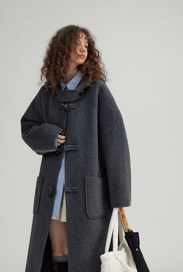 藝術家日常 綿羊毛連帽牛角扣雙面大衣