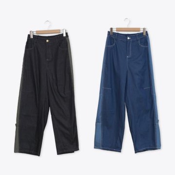 【Dailo】小熊條紋配色拼接個性彎刀褲 藍 黑