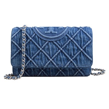 TORY BURCH 158819 Fleming 菱格丹寧布斜背WOC鏈包.深藍