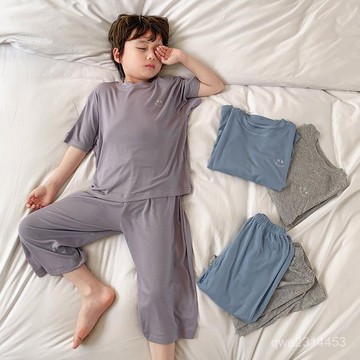 敲可愛！夏季新款中大童睡衣兒童冰絲男孩空調服薄款家居服潮 兩件套空調服 家居服套裝可外穿 睡衣套裝 男童睡衣 冰絲睡衣