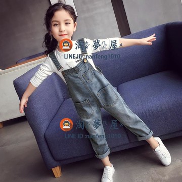 兒童背帶褲女童牛仔背帶褲兒童秋裝牛仔褲子長褲韓版中大童背帶褲【淘夢屋】