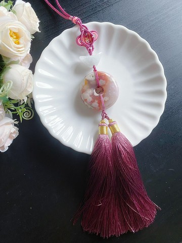 天然 櫻花瑪瑙 牛血紅透體水中花 大平安扣 翡翠元寶 車掛 包