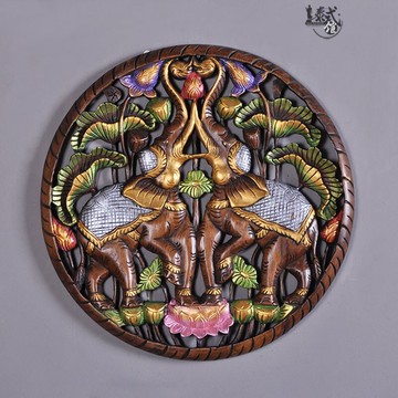 實木彩繪雙象集福雕花板中式別墅玄關掛畫會所裝飾畫大象壁掛件