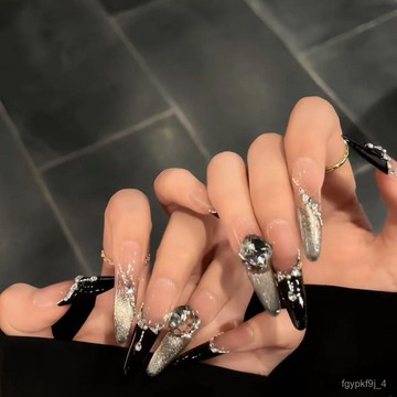 🎀純手工穿戴甲🎀【冥月黑影】新款純手工穿戴甲闇黑鋯石鑽純手作高級感顯白美甲貼新年美甲貼片高級感穿戴甲顯白美甲片 L3VJ