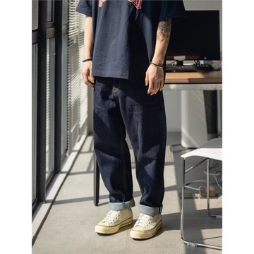 潮牌水洗赤耳丹寧脫漿牛仔褲直筒褲潮男藍色復古寬松休閑闊腿長褲