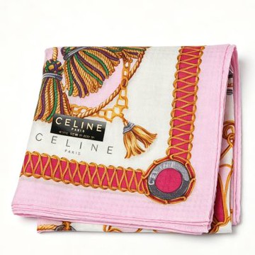 CELINE 粉白流蘇繩結圖騰字母LOGO帕領巾(50CM)