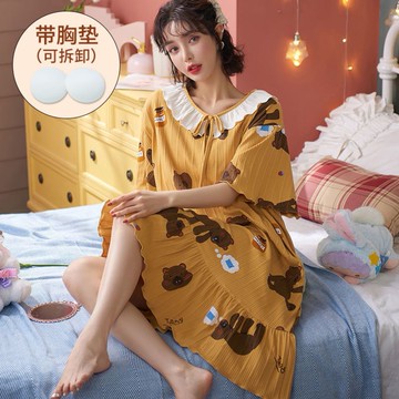 自帶胸墊睡衣女士夏季短袖睡裙女夏學生韓版可愛大碼免穿文胸睡衣