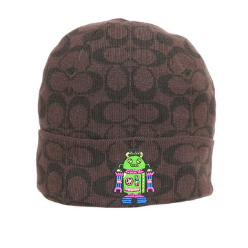 COACH 滿版CC Logo 機器人刺繡羊毛毛帽/胡桃木棕