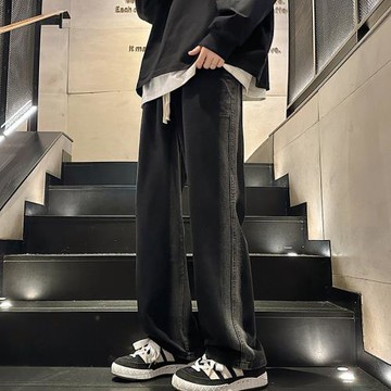 港風痞帥黑色牛仔褲男款秋季寬松闊腿直筒褲vibe美式高街工裝褲潮