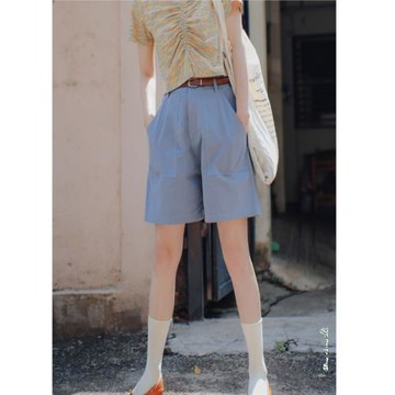 花吉K229藍色純棉高腰莫蘭迪色系全棉百搭休閑短褲女2025新款夏