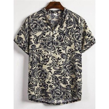 外貿男裝2023夏季新款男士大碼碎花短袖襯衫時尚微彈寬松大碼襯衣