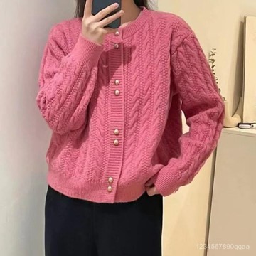 復古開衫 春秋上衣 麻花金扣毛衣 毛衣女 精緻溫柔 針織開衫 設計款外套 寬鬆上衣 開衫女 長袖上衣 甜美清新 純色外套