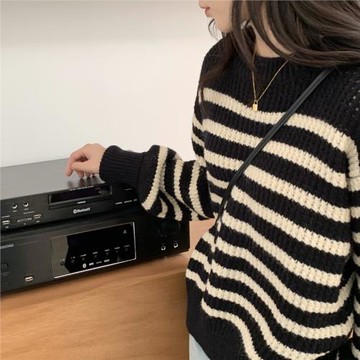 ZY自制 軟糯糯黑白條紋毛衣女寬松慵懶風加厚秋冬套頭圓領針織衫