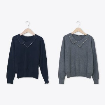 【MASTINA】設計領片長袖針織上衣 藍 灰(魅力商品)