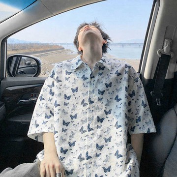 短袖襯衫男 大尺碼夏季翻領短袖男襯衫 百搭寬鬆短袖襯衫外套 涼感透氣上衣 海灘度假 落肩韓系休閒襯衫 吸濕排汗短袖上衣男