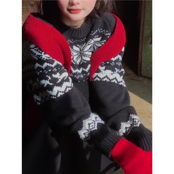 (免運)黑色復古提花圓領長袖慵懶費爾島毛衣女2025秋冬新款時尚百搭休閑