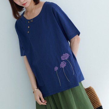 慢 生活 文藝紫色蒲公英刺繡上衣- 藍色