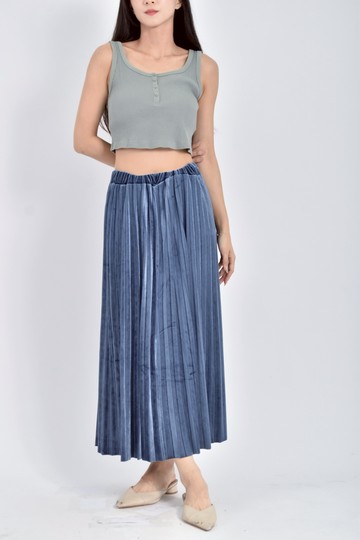 (M) urban research質感小百褶鬆緊腰絨布藍色長裙