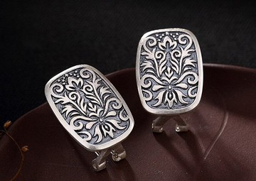 真正 S 990 純銀首飾女式手工圖騰圖案耳釘