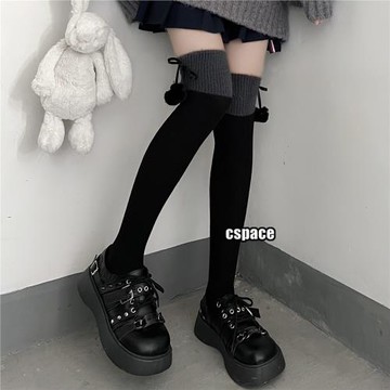 甜酷辣妹復古保暖毛毛拼接過膝襪可愛毛球秋冬洛麗塔大腿襪長筒襪