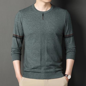 男士春秋圓領薄款羊毛衫男裝寬松套頭休閑打底針織衫毛衣