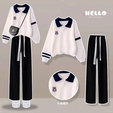 ✨U家女裝✨秋季新款套裝女學生韓版寬鬆Polo領長袖衛衣+闊腿褲學院風兩件套