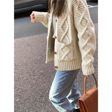 美美家高品質~麻花毛衣外套女新款秋慵懶中長款長袖羊絨開衫上衣