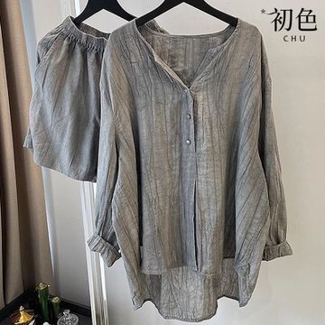 初色 氣質混色長袖圓領襯衫上衣女上衣+鬆緊腰休閒褲寬褲短褲套裝-灰色-13767(M-3XL可選)