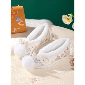 嵐悅榆冬季加絨古風漢服鞋子女配古裝內增高重工繡花弓鞋棉鞋淡雅