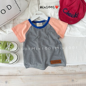 🌈✨mix1001❤️質感小皮標配色袖條紋上衣✨兒童亮眼配色細條紋上衣 5-17