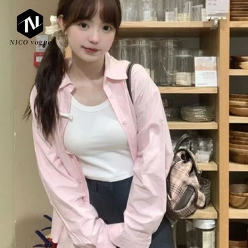 【Nico】粉色純棉襯衫女款外穿春秋2025新款小個子襯衣設計感小衆法式上衣