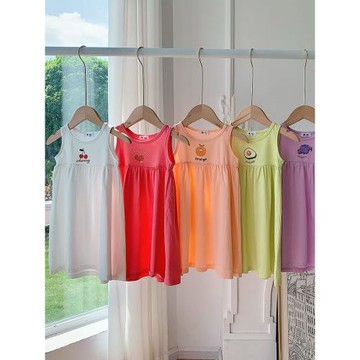 女童奧代爾休閑背心裙無袖T恤裙吊帶連衣裙印花裙子牛油果綠夏季