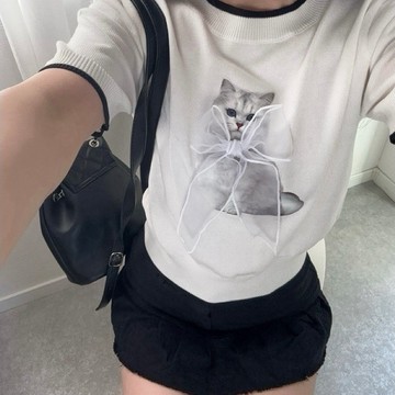 現貨｜GRL 日單🇯🇵 超可愛🐱歐根紗立體蝴蝶結貓咪撞色短袖針織短袖上衣 兩色入