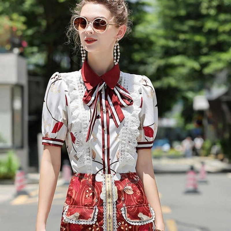 スカートセットアップ リーフ柄 襟 リボン レース フリル 半袖 ブラウス 犬柄 パール タイト ミニ スカート スーツ ホワイト 白 レッド 赤 お 通販 Lineポイント最大0 5 Get Lineショッピング