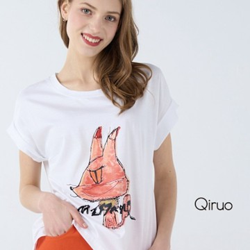 Qiruo 奇若春夏專櫃白色上衣7111A 短袖狐狸圖案