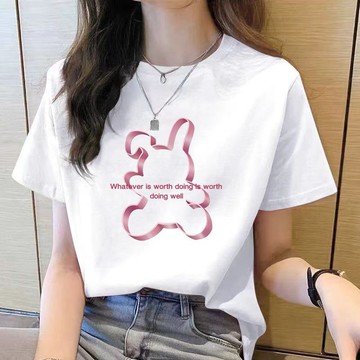 🌷多色可選 100%純棉t恤 設計感兔子上衣 大尺碼女裝 短袖上衣女 純棉t恤 寬鬆上衣 短袖t恤女 顯瘦遮肉