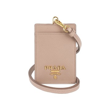 [平輸]PRADA 浮雕Logo 防刮皮革掛式證件套/卡夾(藕粉色)