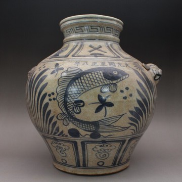 元青花裂紋釉手繪玉藻紋大狗頭罐 古玩古董陶瓷器 仿古收藏擺件