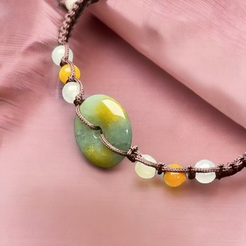 綠飄黃翡翠平安扣編織手鍊 | 天然緬甸玉翡翠A貨 | 送禮