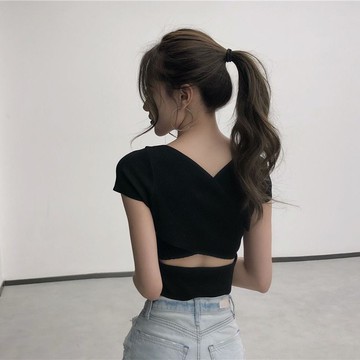 辣妹性感露臍緊身上衣女夏季V領縷空短袖T恤女