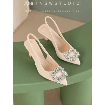 法式高跟鞋女2024新款爆款氣質名媛小香風包頭涼鞋水鉆尖頭單鞋女