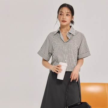 OB嚴選中大尺碼-條紋廓型五分寬袖襯衫《AB20113》