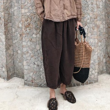 2025秋冬新女 日系韓版大碼復古學院棉麻亞麻做舊休閑直筒九分褲