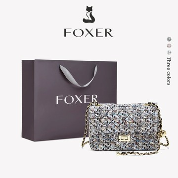 FOXER 女士單肩包針織鏈帶小翻蓋包時尚通勤斜挎包手提包斜挎包